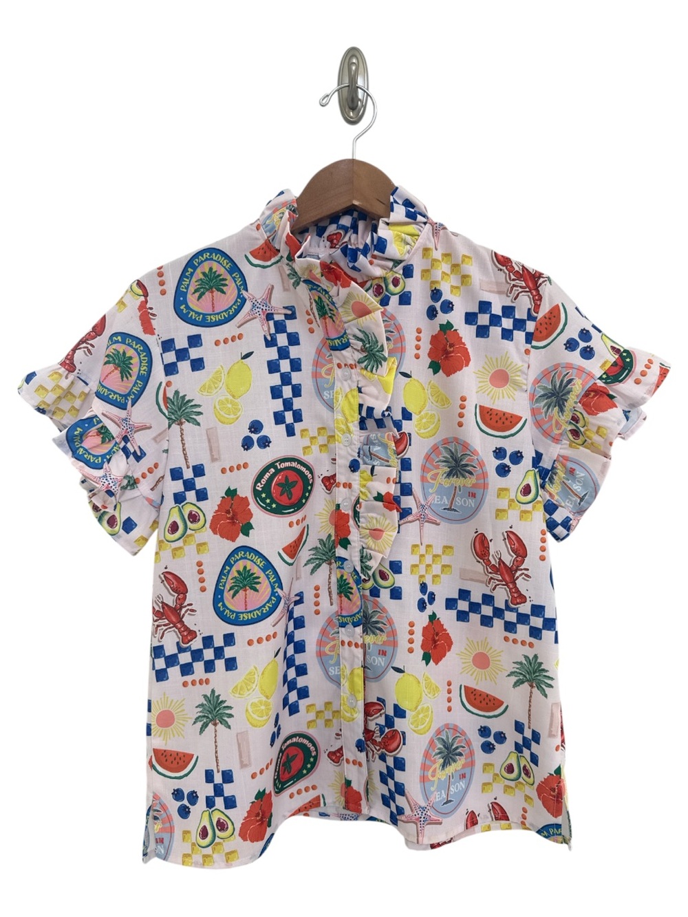 Gee Gee Palms in Paradise Lobsters Lemons Ruffle Top